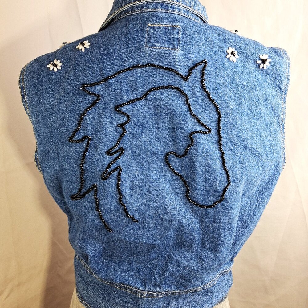 Beautiful Unique Cropped Denim Vest Beaded Western Horse Lover Coastal Cowgirl